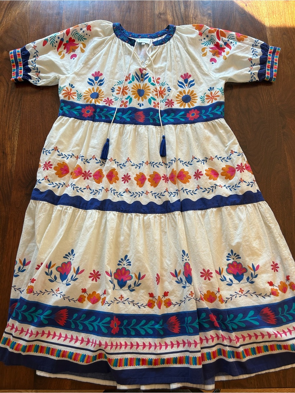 Midi Dress with Blue Trim and Multi-Color Floral Detail